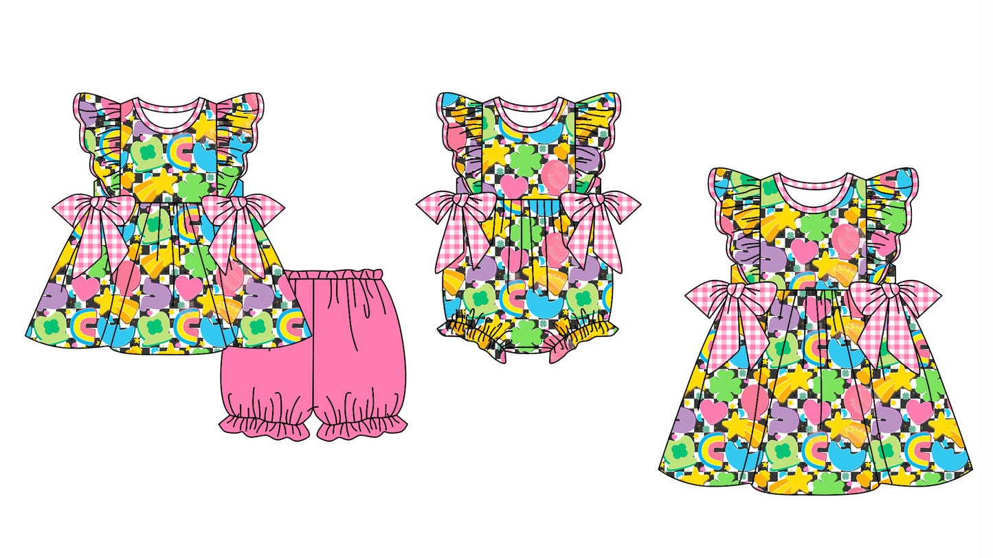 11.29 custom each style moq 5eta 4-6week Sibling Sister rainbow baby girl short sleeve shorts sets and dress and rompers match family design
