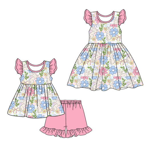 12.13 custom each style moq 5eta 4-6week Sibling Sister floral baby girl short sleeve shorts sets and dresses match design