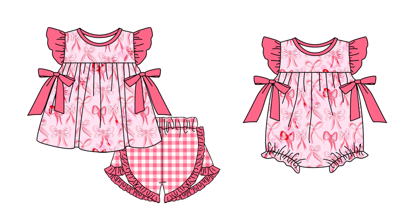 11.3 custom each style moq 5eta 4-6week Sibling Sister bow pink baby girl short sleeve shorts sets and rompers match design