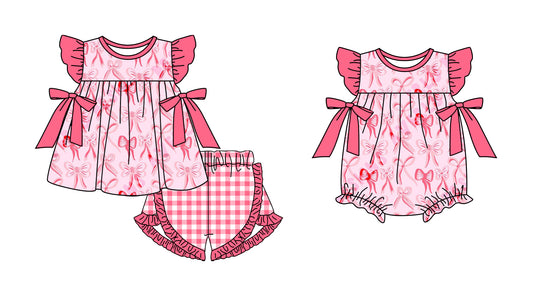 11.3 custom each style moq 5eta 4-6week Sibling Sister bow pink baby girl short sleeve shorts sets and rompers match design