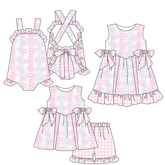 2.15 custom each style moq 5eta 4-6week Sibling Sisters floral baby girl short sleeve shorts sets and dress and rompers match family design