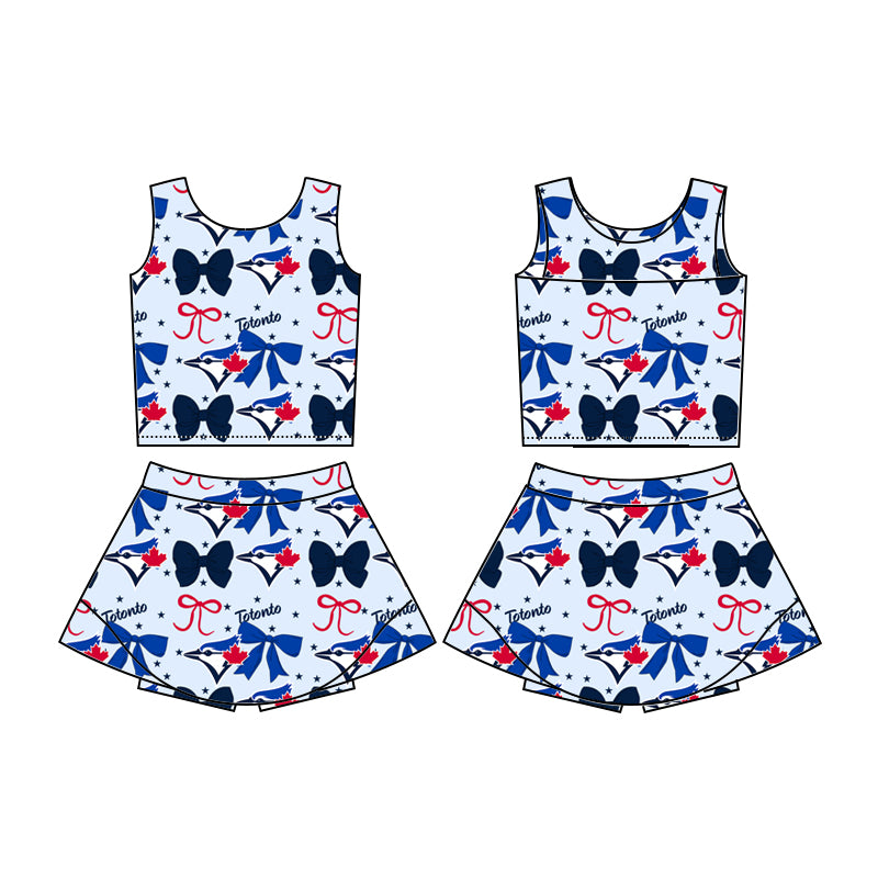 Custom moq 5 mix size milk silk eta 6-8weeks summer teams baby girls clothes team bow blue short sleeve skirts shorts sets-25.6.20