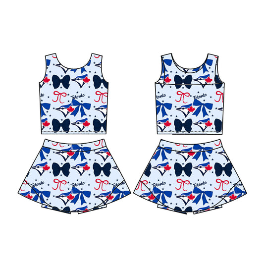 Custom moq 5 mix size milk silk eta 6-8weeks summer teams baby girls clothes team bow blue short sleeve skirts shorts sets-25.6.20
