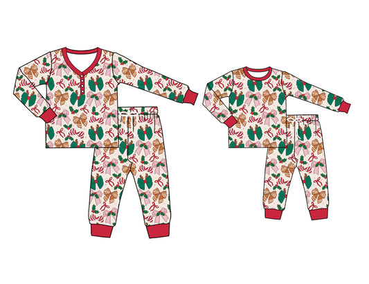 25.6.10 custom each style moq 5eta 4-6week Sibling Sister Christmas bow long sleeve pants sets and adult sets match design