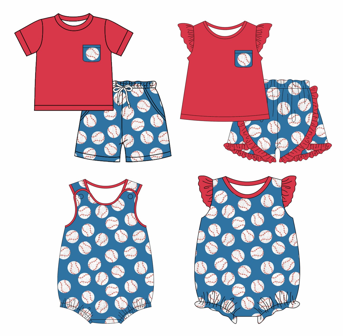 2.27 custom each style moq 5eta 4-6week Sibling Sister baseball baby girl short sleeve shorts sets and sets 2 and boy romper and girl romper match design