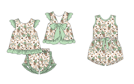 4.19 custom each style moq 5eta 4-6week Sibling Sister ice cream bow baby girl short sleeve shorts sets and jumpsuit match design