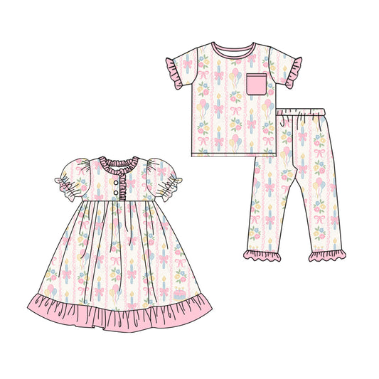 25.10.13 custom each style moq 5 eta 6-8week Sibling Sisters bow floral baby girl short sleeve pants sets and dress match family design