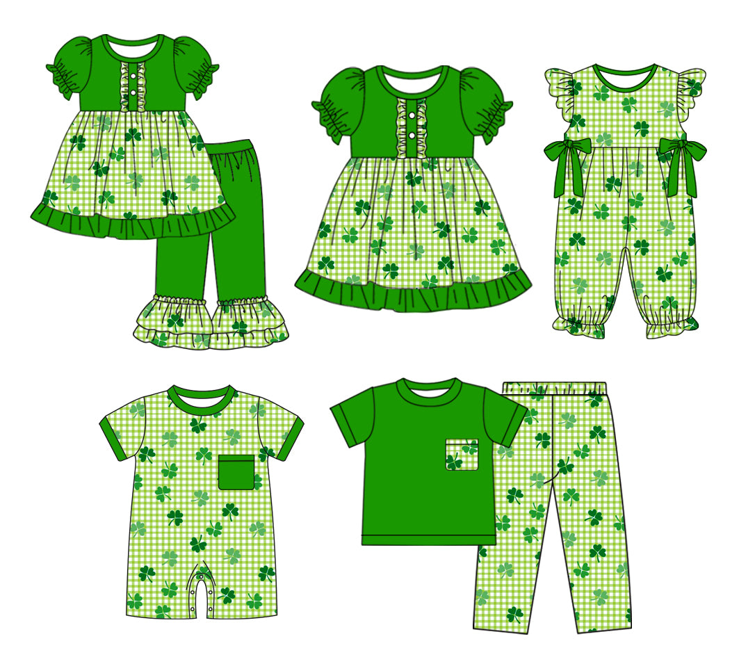 11.2 custom each style moq 5eta 4-6week Sibling Sister green baby girl sets 1 and sets 2 and dress and boy rompers and girl romper match family design