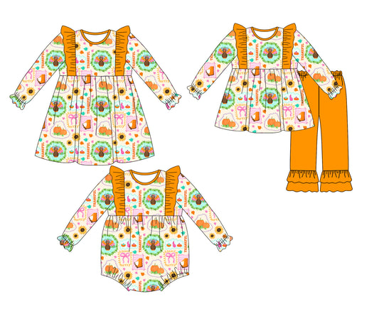 25.7.19 custom each style moq 5eta 4-6week Sibling Sisters pumpkin bow baby girl long sleeve pants sets and dress and rompers match family design