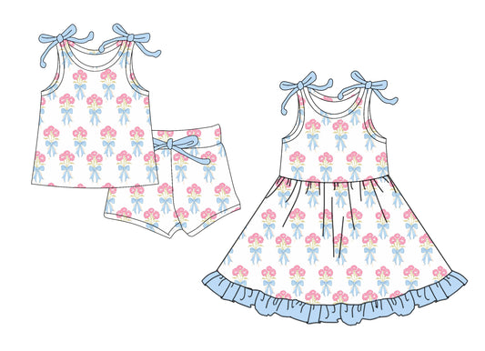 4.15 custom each style moq 5eta 4-6week Sibling Sister bow floral baby girl short sleeve shorts sets and dresses match design