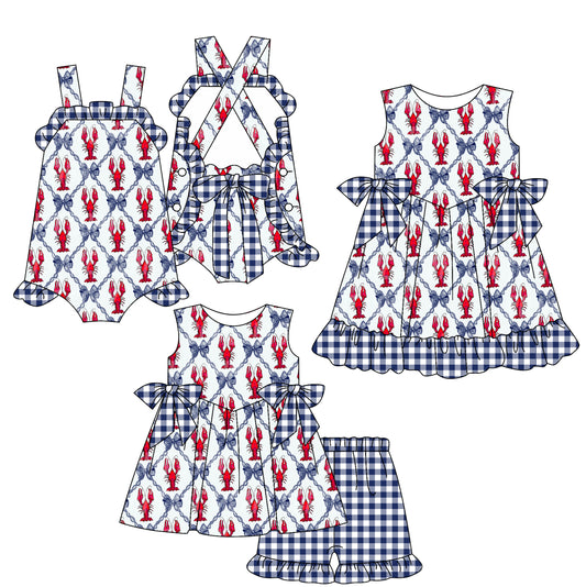 4.10 custom each style moq 5eta 4-6week Sibling Sisters lobster bow baby girl short sleeve shorts sets and dress and rompers match family design