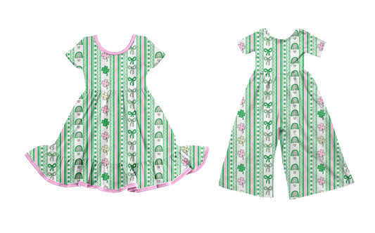 25.9.17 custom each style moq 8 eta 6-8week Sibling Sisters bow green baby girl long sleeve dress and jumpsuit match family design