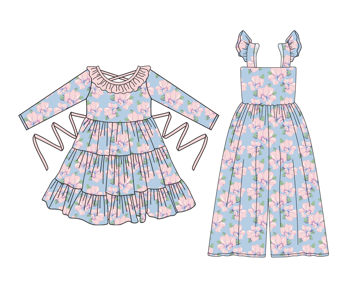 25.5.12 custom each style moq 5eta 4-6week Sibling Sister floral baby girl long sleeve dresses and jumpsuit match design