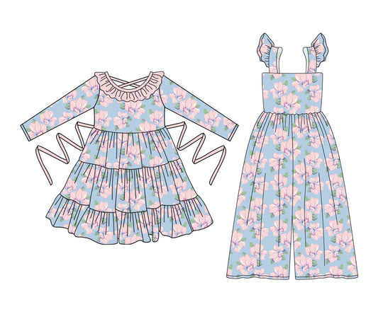 25.5.12 custom each style moq 5eta 4-6week Sibling Sister floral baby girl long sleeve dresses and jumpsuit match design