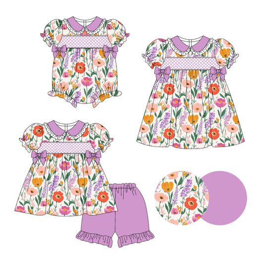 3.14 custom each style moq 5eta 4-6week Sibling Sisters floral baby girl short sleeve shorts sets and dress and rompers match family design
