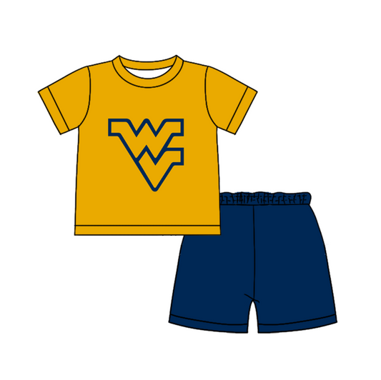 Custom moq 5 mix size milk silk summer teams Baby Boy's Yellow Short-Sleeved O-Neck Top And solid color Shorts Set