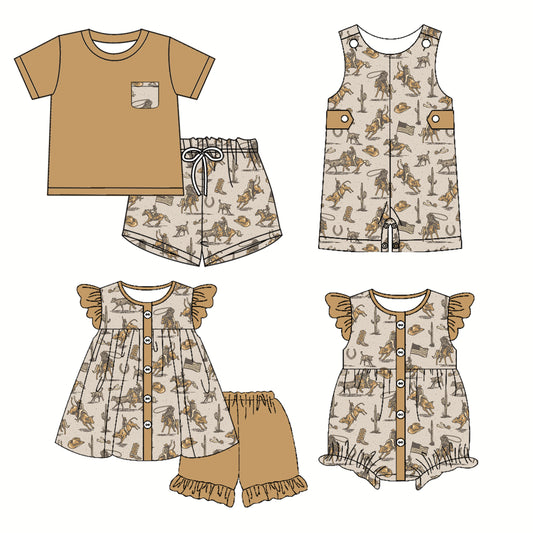 3.1 custom each style moq 5eta 4-6week Sibling Sister riding horse baby girl short sleeve shorts sets and sets 2 and boy romper and girl romper match design