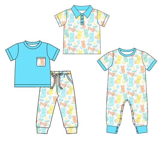 25.10.3 custom each style moq 8 eta 6-8week Sibling Sisters bunny baby boy short sleeve pants sets and rompers and top match family design