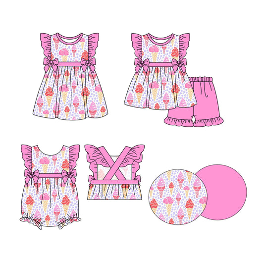 3.27 custom each style moq 5eta 4-6week Sibling Sisters ice cream baby girl short sleeve shorts sets and dress and rompers match family design