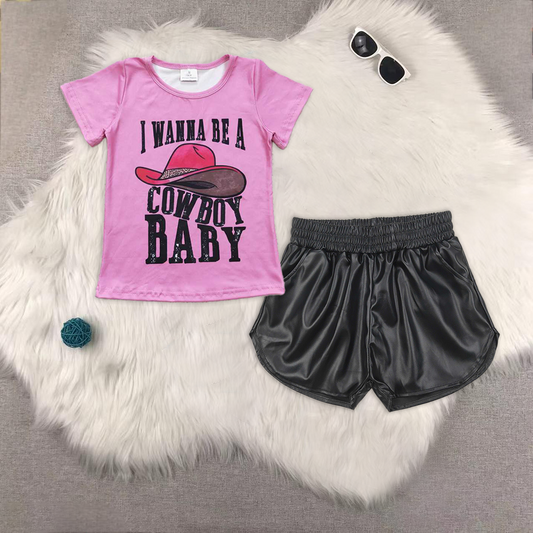 RTS NO MOQ ETA 5/7days Arrived GT0107+SS0413 Girls COWBOY BABY hat rose red short-sleeved top Glossy leather black shorts sets