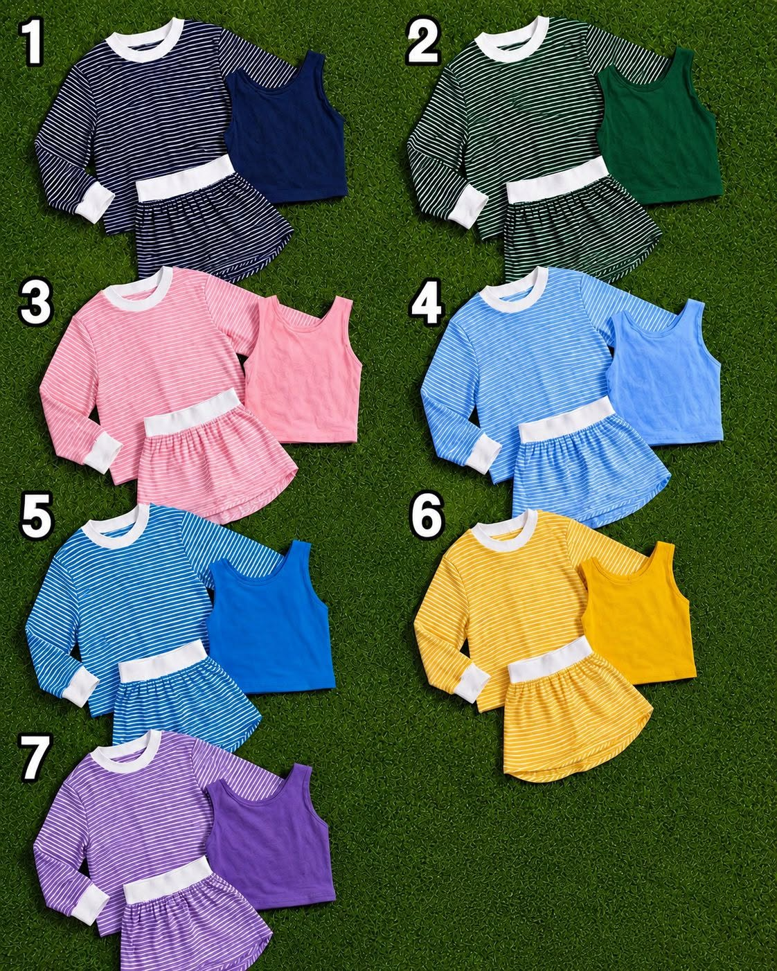 custom moq 5 mix size ASD01 Baby Girls Stripe Three Piece Outfit Long Sleeve Crew Neck Top Solid Tank Top And Stripe Skirt Casual Matching Set