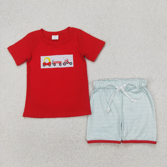 RTS NO MOQ BSSO1432 Embroidered bicycle red short sleeve green striped shorts set