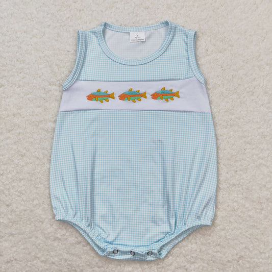 SR1265 Embroidered fish plaid vest jumpsuit