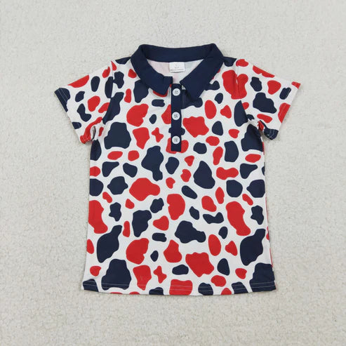 RTS NO MOQ Sibling Baby Boys 4th of July Clothes Set Red Blue Cow Print Button Tops Shorts Rompers for Boys