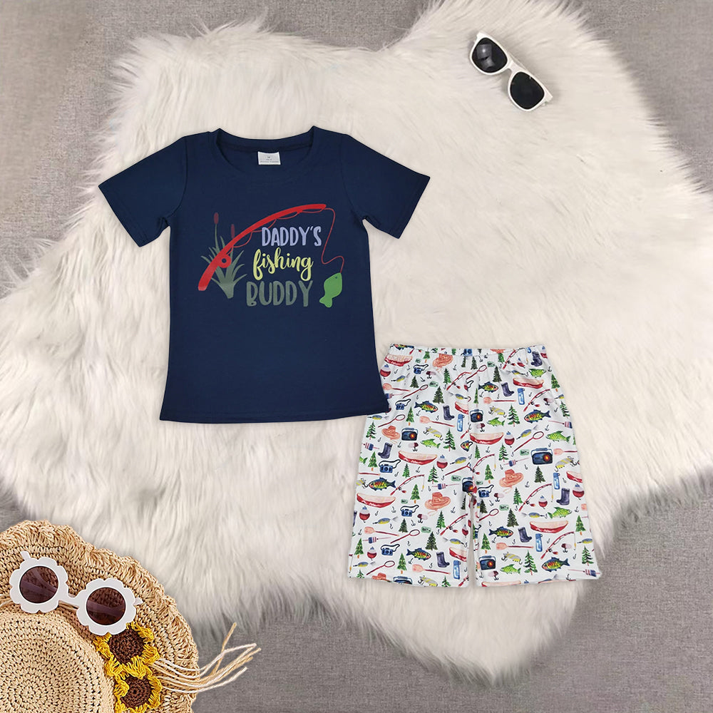 RTS NO MOQ baby girls clothes offset daddys fishing navy blue short sleeve Clothes Sets