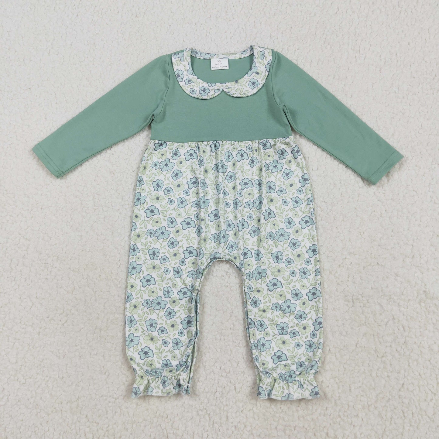RTS NO MOQ（In Stock ) LR2258 Blue-green long-sleeved jumpsuit with floral doll collar