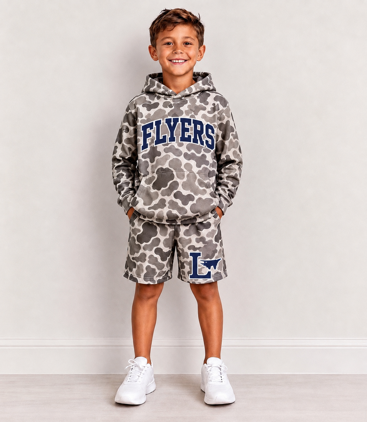 custom moq 5 mix size RLES0105 Adult To Match Kids Team Letter Camo Print Hooded Casual Shorts Outfit