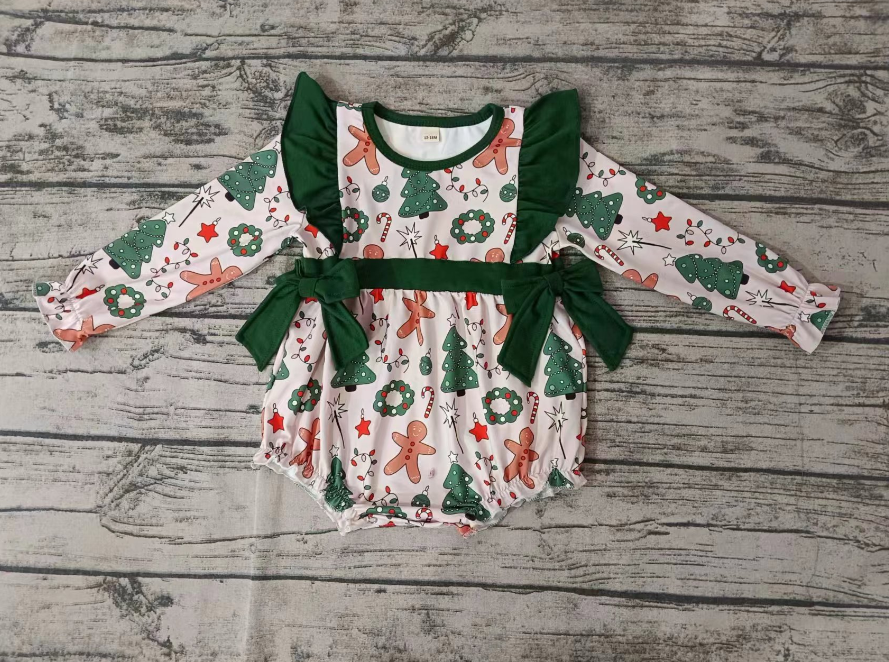 Custom moq 3 eta 6-7weeks  Green Christmas tree pleated shoulder bow decoration lotus pink long-sleeved shorts jumpsuit