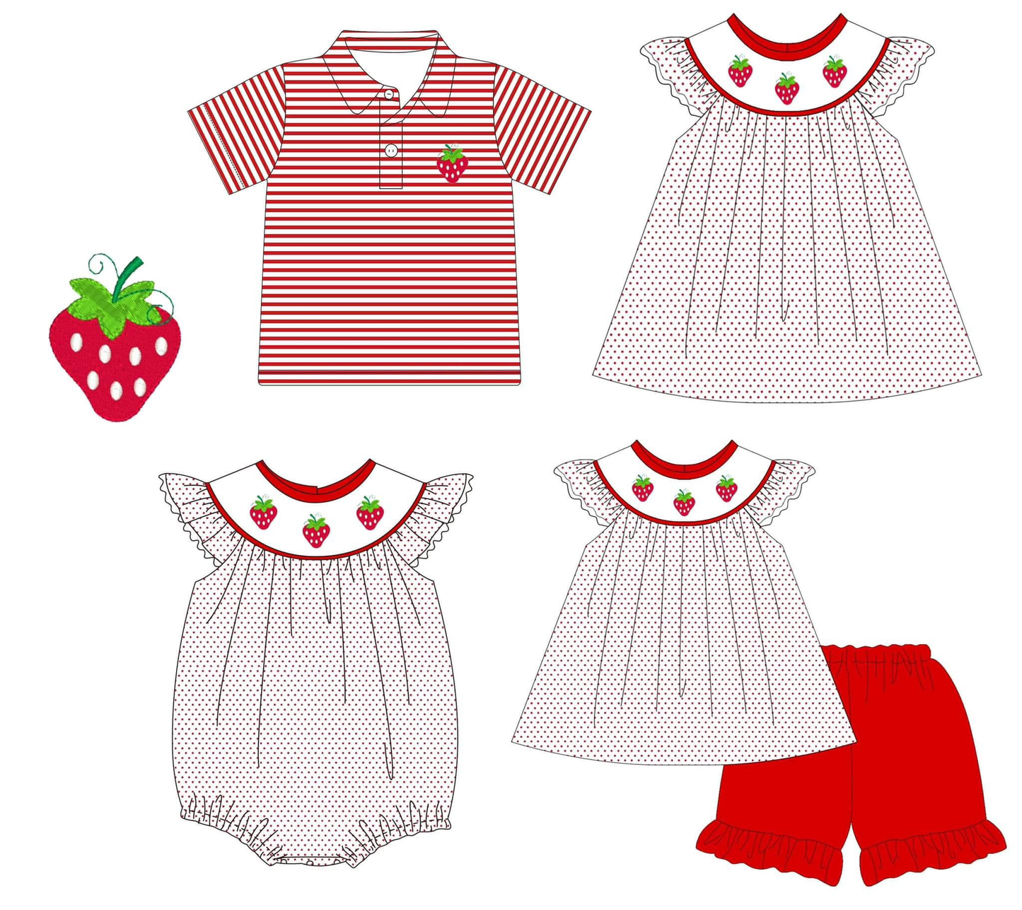 Custom moq 5 each style eta 6-7weeks baby gir clothes strawberry short sleeve shorts sets and dress and romper and top