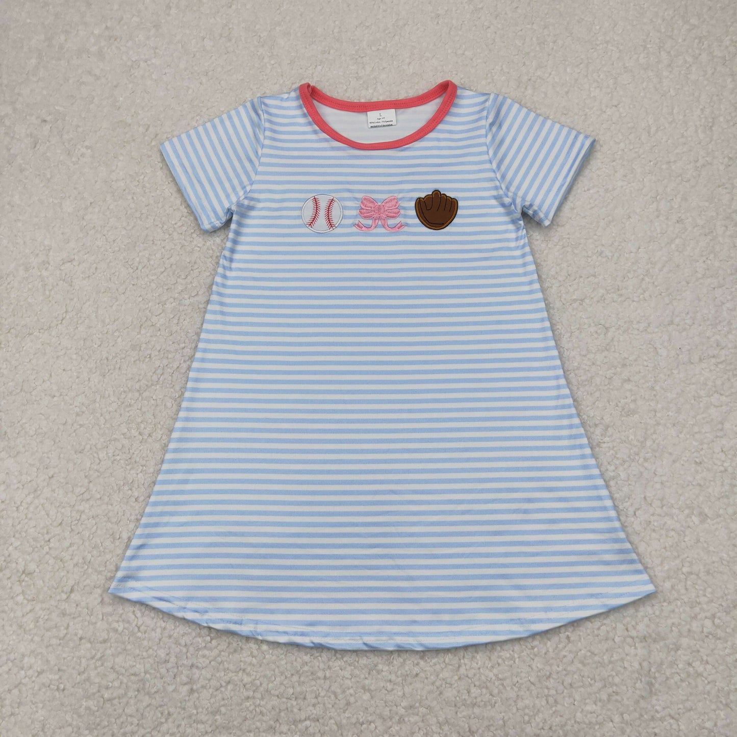 RTS NO MOQ GSD2220 Embroidered baseball bow glove blue striped short-sleeved dress