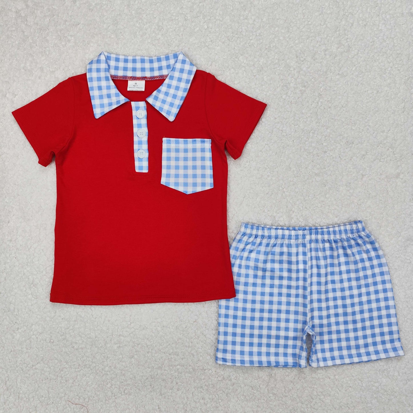 RTS NO MOQ（In Stock) National Day blue plaid pocket red short-sleeved shorts suit