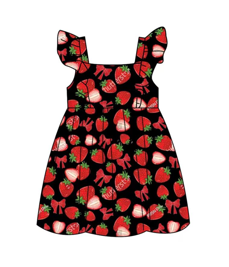 Custom moq 5 mix size milk silk baby girl clothes strawberry bow flying sleeve shorts sets and dresses 2