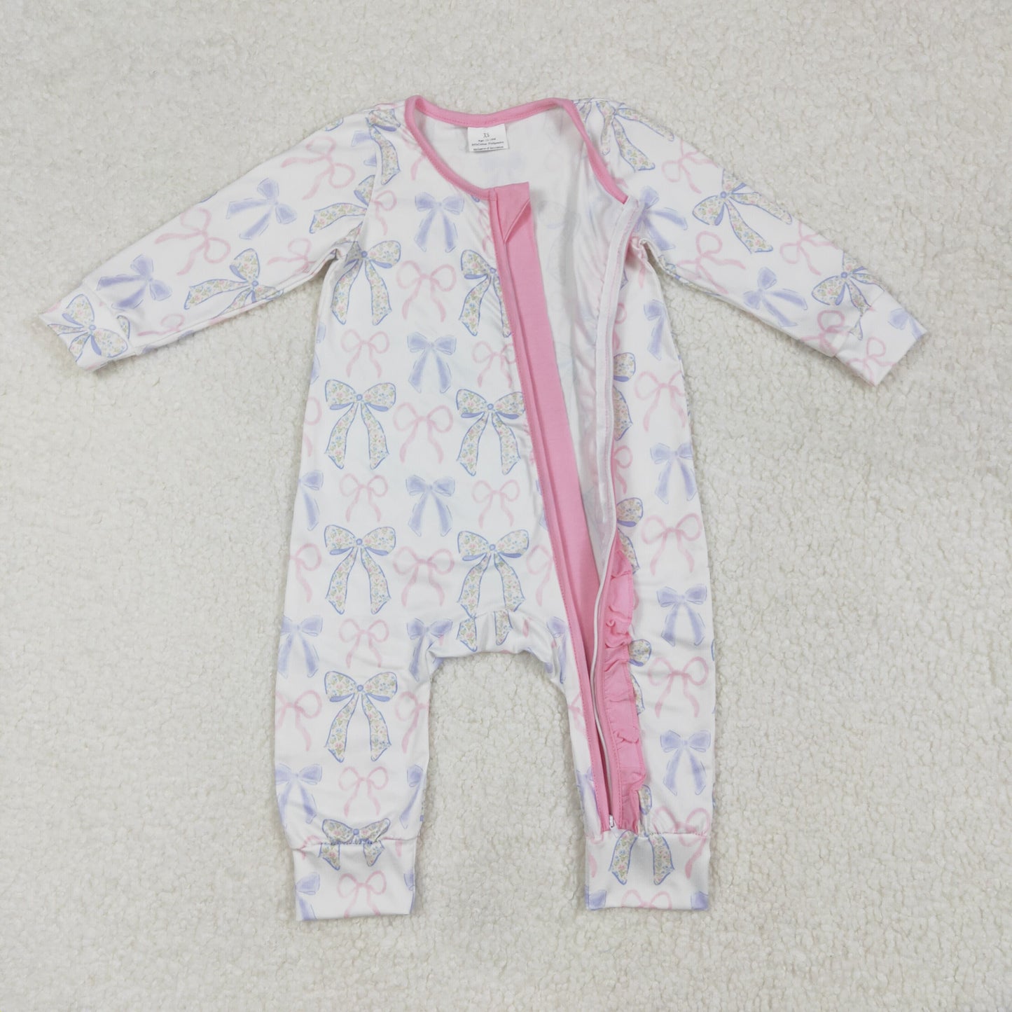 RTS NO MOQ（In Stock) LR2158 Powder blue bow pattern lace zipper long-sleeved jumpsuit