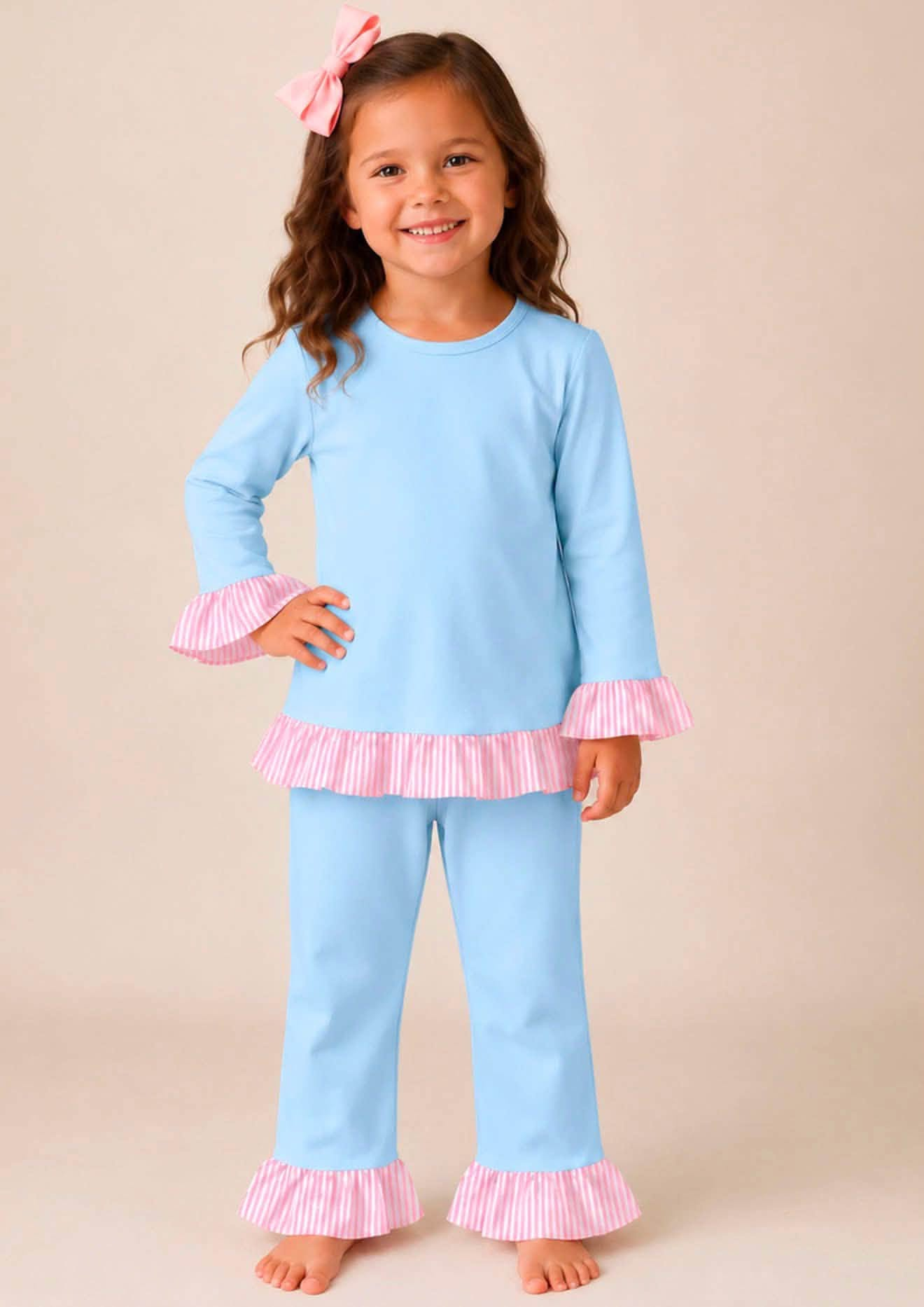 custom moq 5 mix size Cotton fabric EAROML0101 Baby Girls Long Sleeve Ruffle Trim Top Stripe Ruffle Cuff Hem Pant Pajama Set
