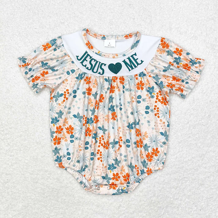 RTS NO MOQ Shipping time 5-7days Jesus Love Me Flowers Sibling Dresses Rompers Outfits  embroidery