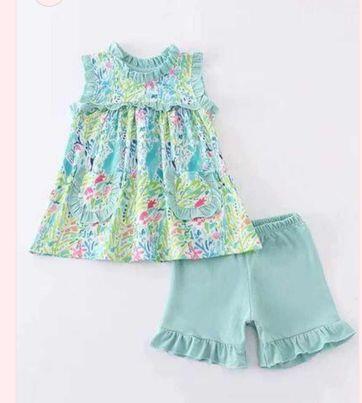 Girls sleeveless with short pants green flower print  moq5
