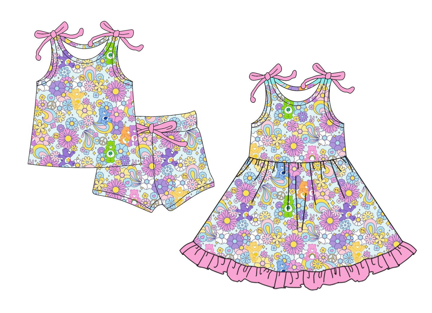 4.14 custom each style moq 5eta 4-6week Sibling Sister floral baby girl short sleeve shorts sets and dresses match design