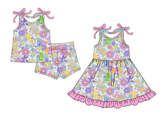 4.14 custom each style moq 5eta 4-6week Sibling Sister floral baby girl short sleeve shorts sets and dresses match design