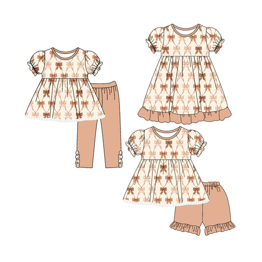 4.4 custom each style moq 5eta 4-6week Sibling Sisters bow baby girl short sleeve pants sets and shorts sets and dress match family design