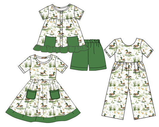 3.19 custom each style moq 5eta 4-6week Sibling Sister duck baby girl short sleeve shorts sets and dresses and jumpsuit match design