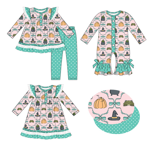 25.5.20 custom each style moq 5eta 4-6week Sibling Sisters bow pumpkin baby girl long sleeve pants sets and dress and rompers match family design