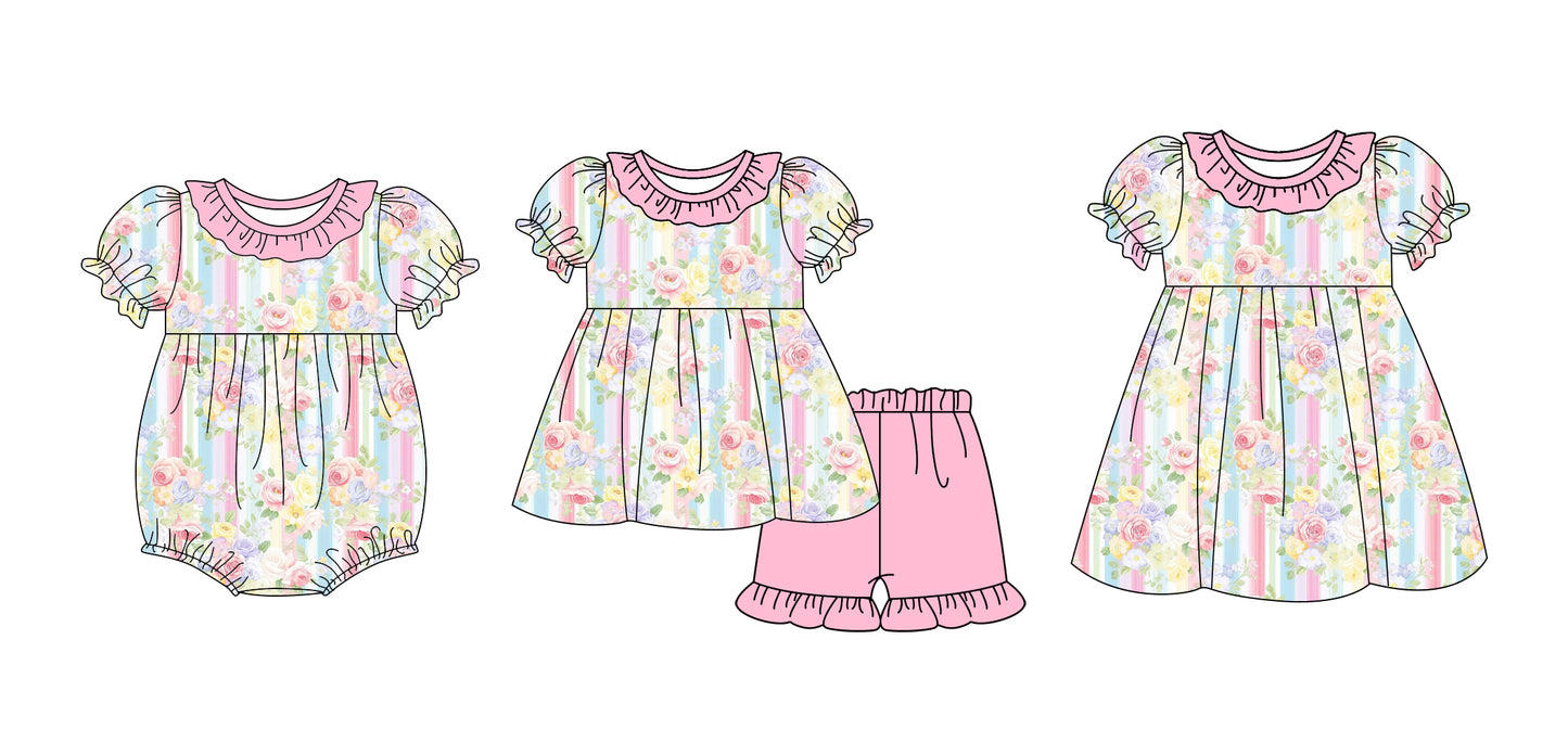 2.15 custom each style moq 5eta 4-6week Sibling Sisters floral baby girl short sleeve shorts sets and dress and rompers match family design