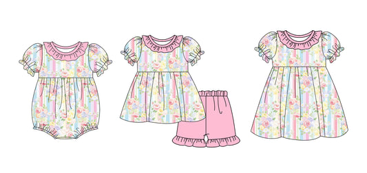 2.15 custom each style moq 5eta 4-6week Sibling Sisters floral baby girl short sleeve shorts sets and dress and rompers match family design