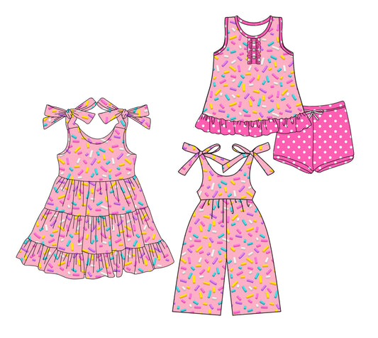 3.20 custom each style moq 5eta 4-6week Sibling Sister baby girl short sleeve shorts sets and dresses and jumpsuit match design