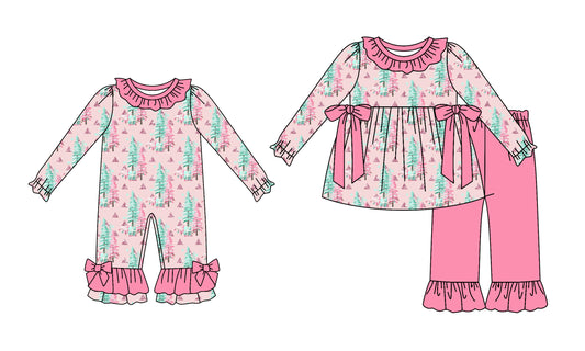 25.6.10 custom each style moq 5eta 4-6week Sibling Sisters Christmas trees pink baby girl long sleeve pants sets and rompers match family design