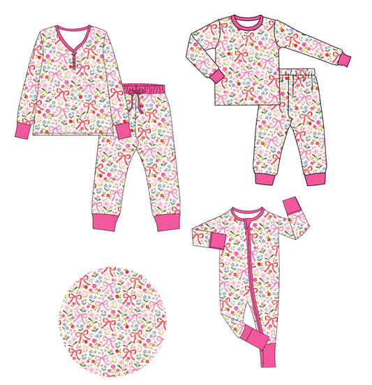 25.9.11 custom each style moq 5eta 4-6week Sibling Sister floral bow baby long sleeve pants sets and romper and adult set match design